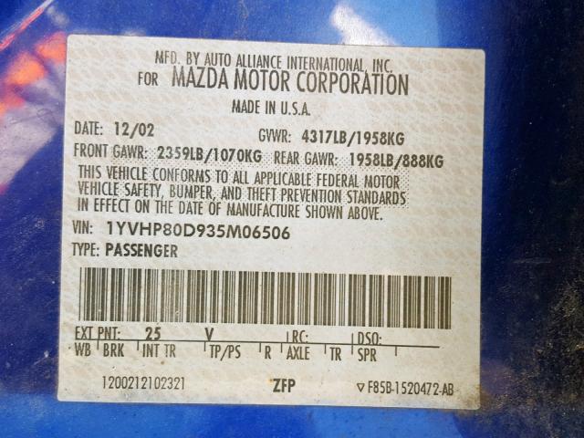 1YVHP80D935M06506 - 2003 MAZDA 6 S BLUE photo 10