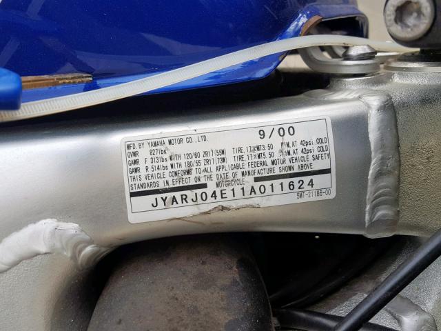 JYARJ04E11A011624 - 2001 YAMAHA YZFR6 L BLUE photo 10