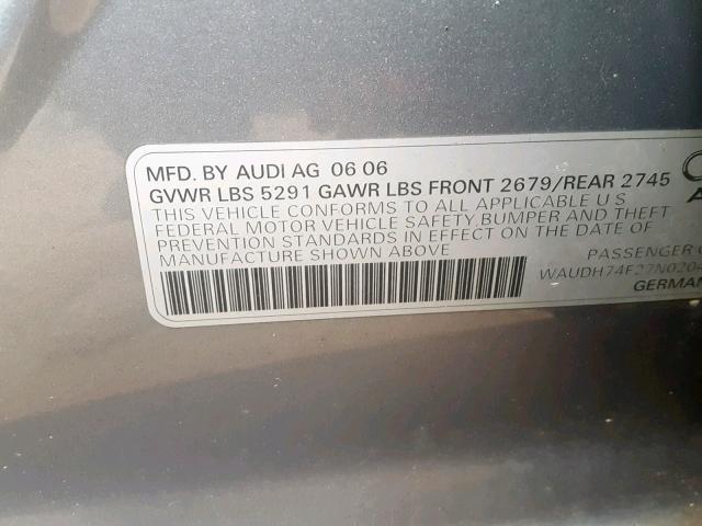 WAUDH74F27N020486 - 2007 AUDI A6 3.2 QUA GRAY photo 10