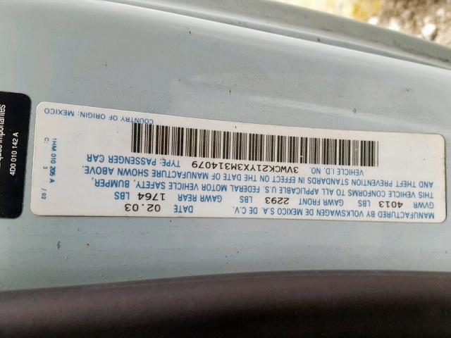 3VWCK21YX3M314079 - 2003 VOLKSWAGEN NEW BEETLE Mavi foto 10