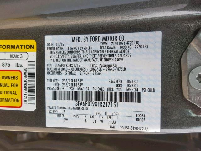 3FA6P0T9XFR217151 - 2015 FORD FUSION SE GRAY photo 10