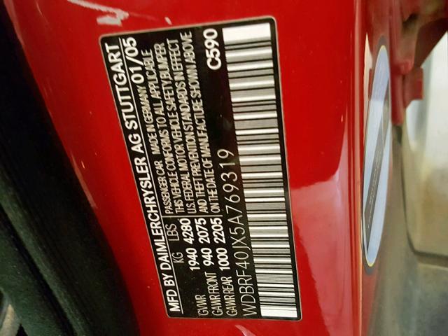 WDBRF40JX5A769319 - 2005 MERCEDES-BENZ C 230K SPO RED photo 10