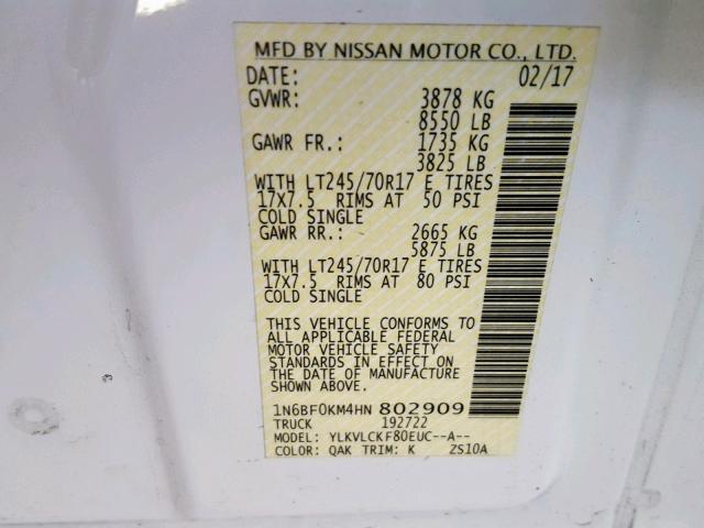 1N6BF0KM4HN802909 - 2017 NISSAN NV 1500 S WHITE photo 10