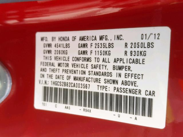 1HGCS2B82CA003567 - 2012 HONDA ACCORD EXL RED photo 10