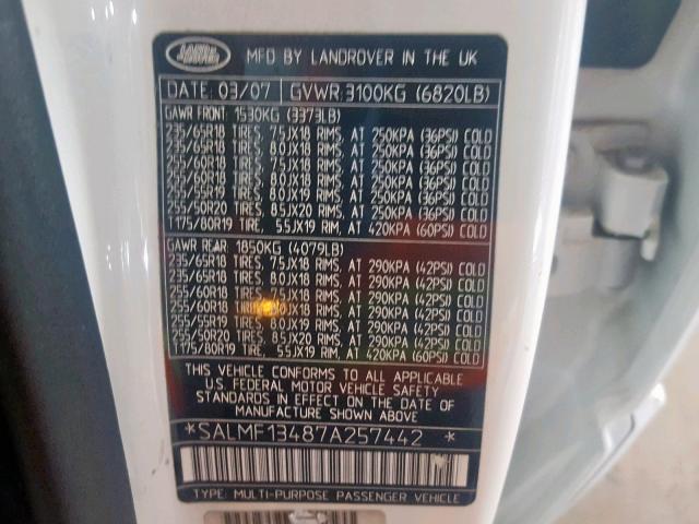 SALMF13487A257442 - 2007 LAND ROVER RANGE ROVE WHITE photo 10