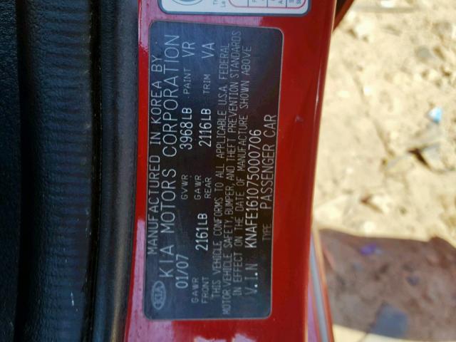 KNAFE161075000706 - 2007 KIA SPECTRA5 S RED photo 10