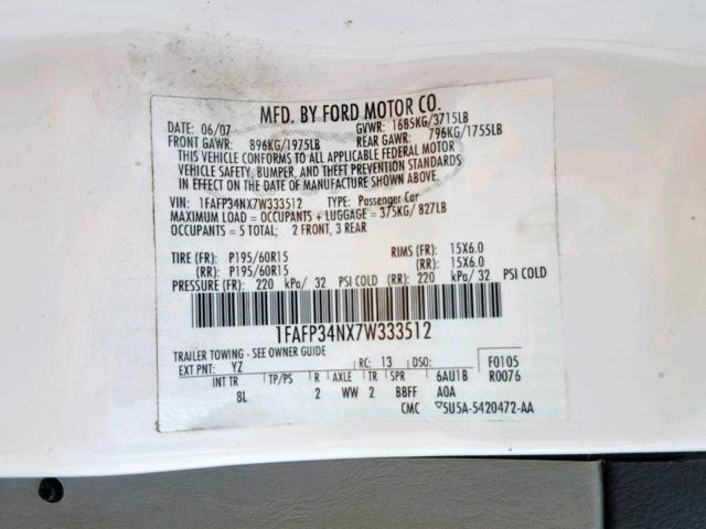 1FAFP34NX7W333512 - 2007 FORD FOCUS ZX4 WHITE photo 10