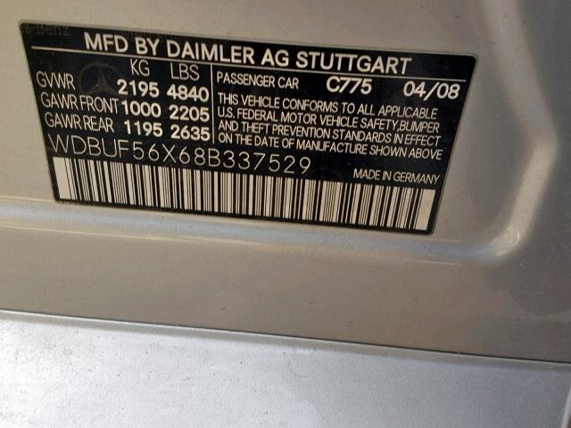 WDBUF56X68B337529 - 2008 MERCEDES-BENZ E 350 SILVER photo 10