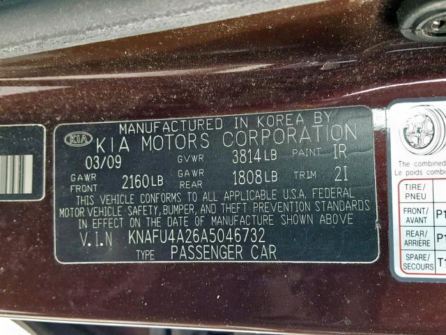 KNAFU4A26A5046732 - 2010 KIA FORTE EX BROWN photo 10