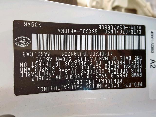 4T1BK3DB1BU391201 - 2011 TOYOTA AVALON BAS WHITE photo 10