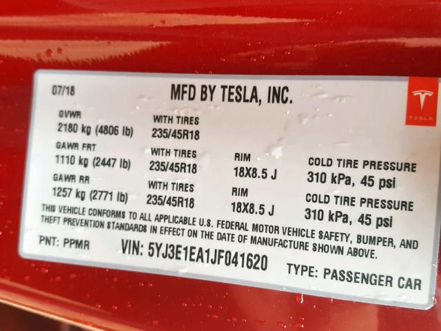 5YJ3E1EA1JF041620 - 2018 TESLA MODEL 3 RED photo 10