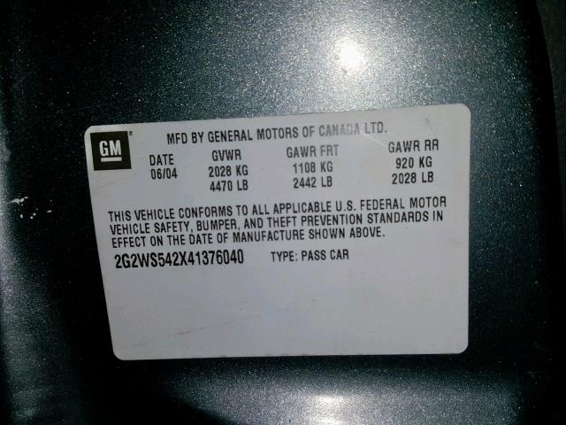 2G2WS542X41376040 - 2004 PONTIAC GRAND PRIX GRAY photo 10