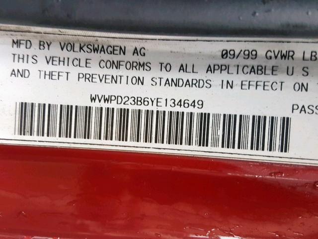 WVWPD23B6YE134649 - 2000 VOLKSWAGEN PASSAT GLX RED photo 10