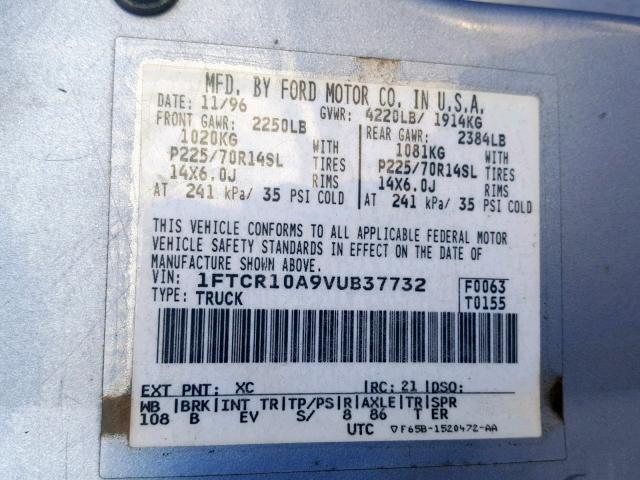 1FTCR10A9VUB37732 - 1997 FORD RANGER BLUE photo 10