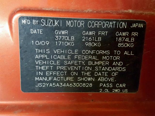 JS2YA5A34A6300828 - 2010 SUZUKI SX4 ORANGE photo 10