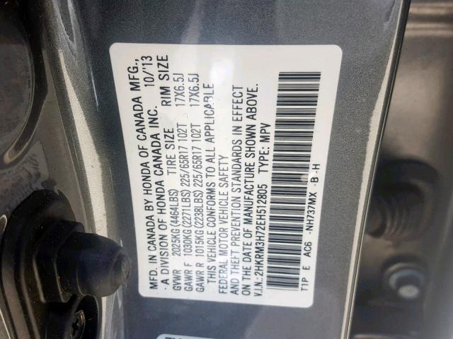 2HKRM3H72EH512805 - 2014 HONDA CR-V EXL GRAY photo 10