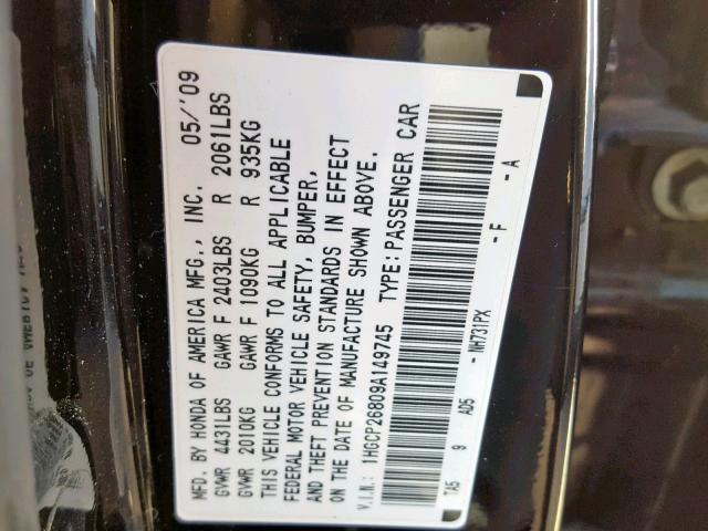 1HGCP26809A149745 - 2009 HONDA ACCORD EXL BLACK photo 10