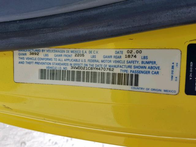 3VWDD21C8YM470762 - 2000 VOLKSWAGEN NEW BEETLE ყვითელი ფოტო 10