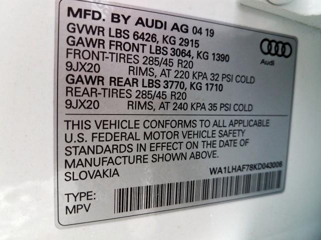 WA1LHAF78KD043006 - 2019 AUDI Q7 PREMIUM PLUS  photo 10