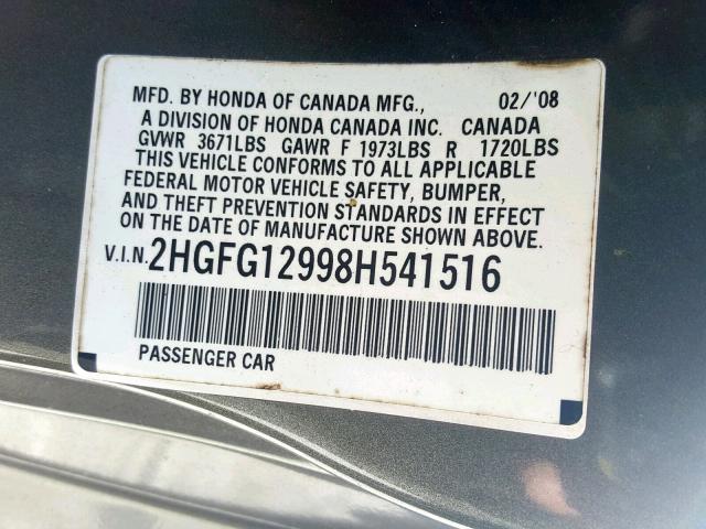 2HGFG12998H541516 - 2008 HONDA CIVIC EXL 灰色 照片 10