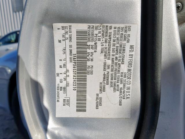 1FAFP56S3YA242210 - 2000 FORD TAURUS SEL SILVER photo 10