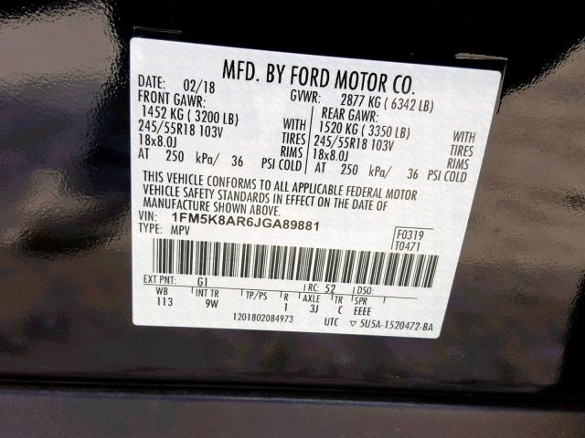 1FM5K8AR6JGA89881 - 2018 FORD EXPLORER P BLACK photo 10