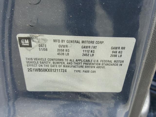 2G1WB58KX81211724 - 2008 CHEVROLET IMPALA LS BLUE photo 10