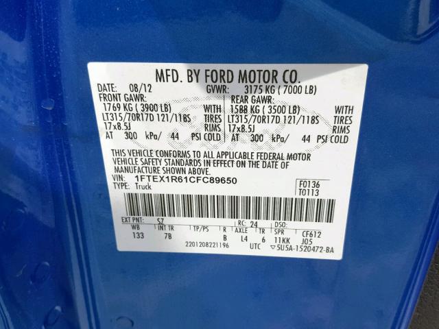 1FTEX1R61CFC89650 - 2012 FORD F150 SVT R BLUE photo 10