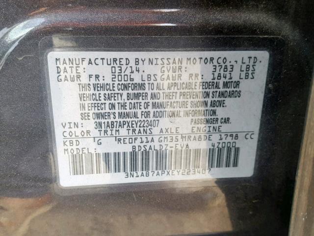 3N1AB7APXEY223407 - 2014 NISSAN SENTRA S GRAY photo 10