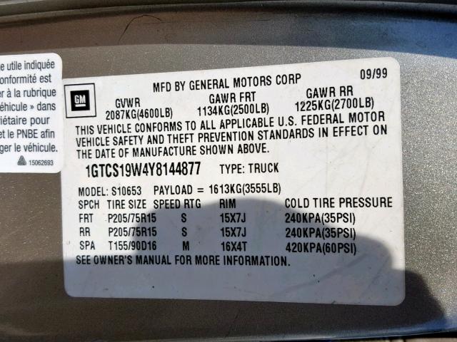 1GTCS19W4Y8144877 - 2000 GMC SONOMA GRAY photo 10