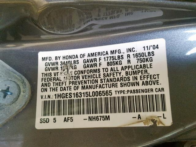 1HGES16315L006565 - 2005 HONDA CIVIC DX V GRAY photo 10