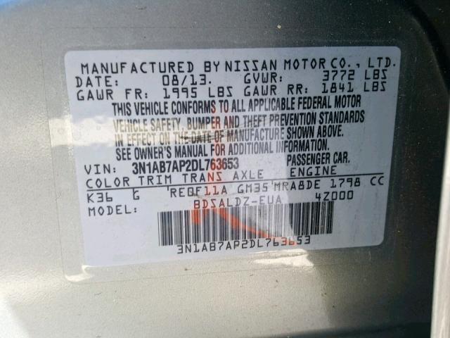 3N1AB7AP2DL763653 - 2013 NISSAN SENTRA SV GRAY photo 10