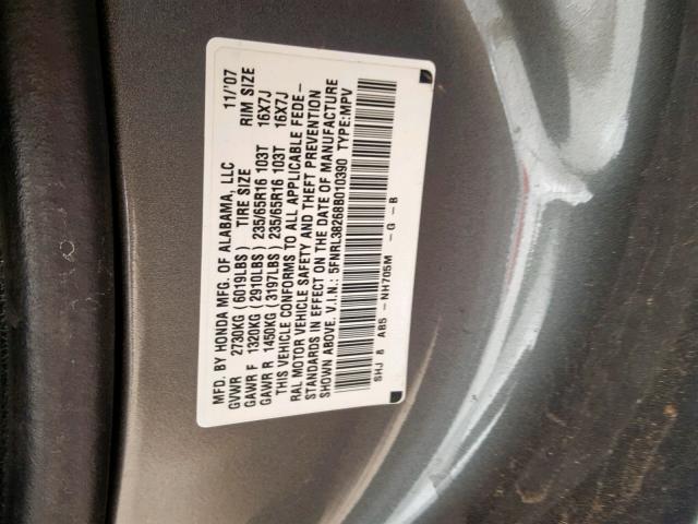 5FNRL38268B010390 - 2008 HONDA ODYSSEY LX GRAY photo 10