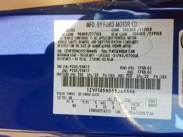 1ZVFT85H555164446 - 2005 FORD MUSTANG GT BLUE photo 10