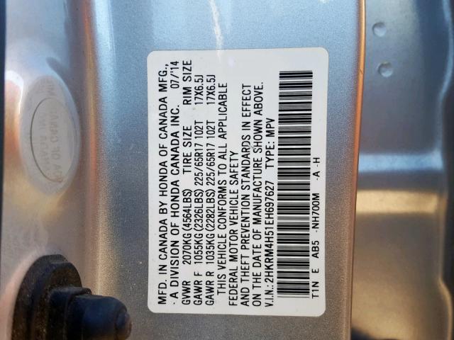 2HKRM4H51EH697627 - 2014 HONDA CR-V EX SILVER photo 10