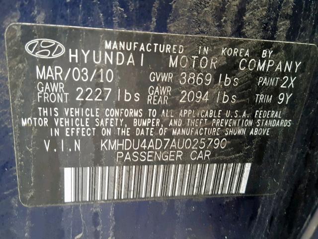 KMHDU4AD7AU025790 - 2010 HYUNDAI ELANTRA BL BLUE photo 10