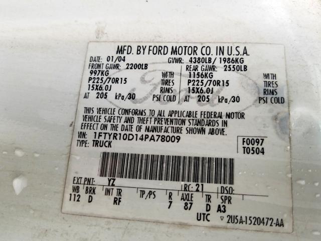 1FTYR10D14PA78009 - 2004 FORD RANGER  photo 10