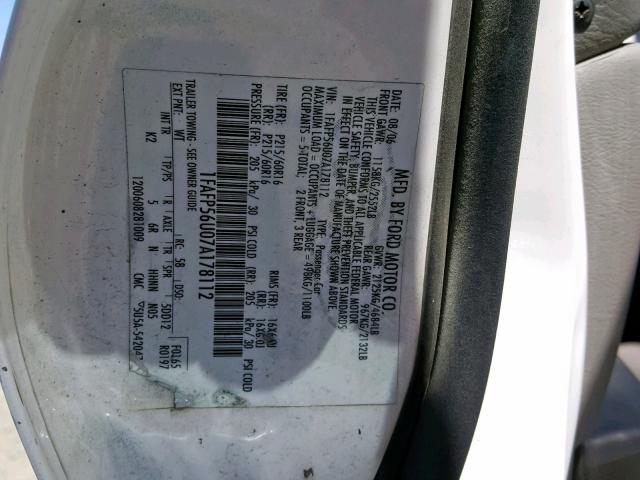 1FAFP56U07A178112 - 2007 FORD TAURUS SEL WHITE photo 10