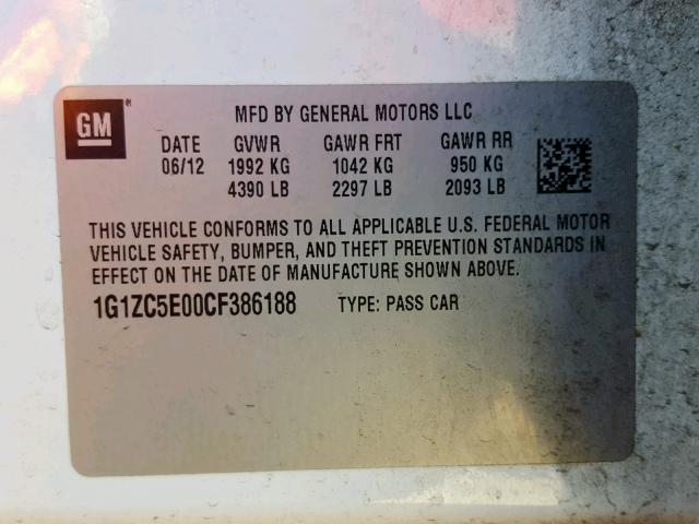 1G1ZC5E00CF386188 - 2012 CHEVROLET MALIBU 1LT 白色 照片 10