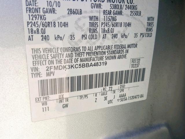 2FMDK3KC5BBA48319 - 2011 FORD EDGE LIMIT SILVER photo 10