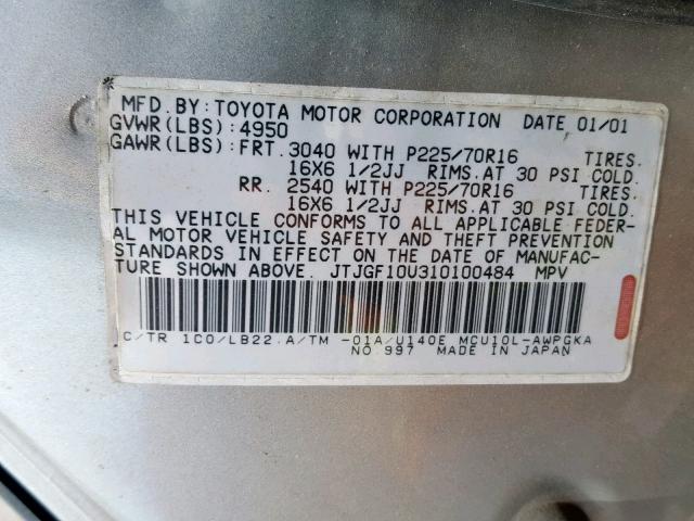 JTJGF10U310100484 - 2001 LEXUS RX 300 SILVER photo 10