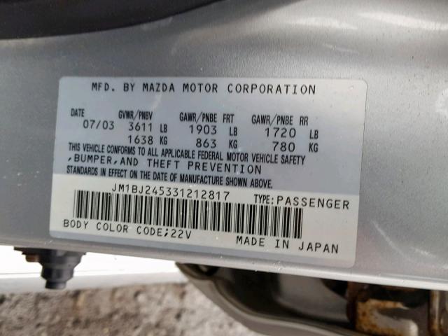 JM1BJ245331212817 - 2003 MAZDA PROTEGE PR SILVER photo 10