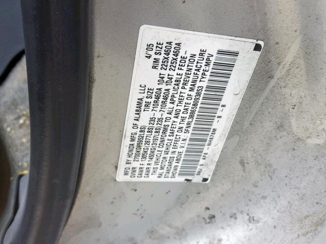 5FNRL38865B093853 - 2005 HONDA ODYSSEY TO SILVER photo 10