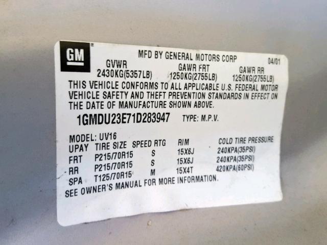 1GMDU23E71D283947 - 2001 PONTIAC MONTANA EC GRAY photo 10