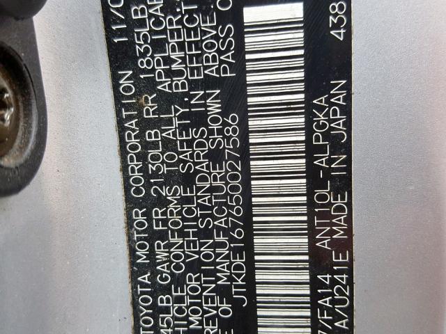 JTKDE167650027586 - 2005 TOYOTA SCION TC ნაცრისფერი ფოტო 10