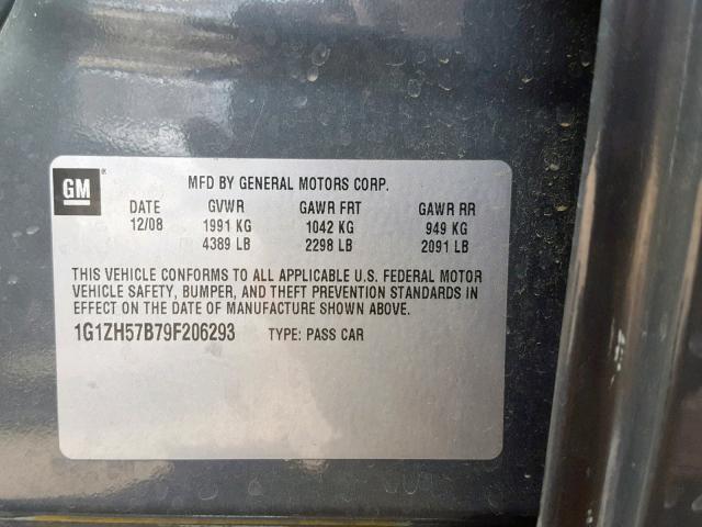 1G1ZH57B79F206293 - 2009 CHEVROLET MALIBU 1LT CHARCOAL photo 10