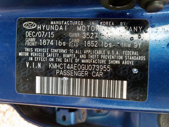 KMHCT4AE0GU073955 - 2016 HYUNDAI ACCENT SE  photo 10