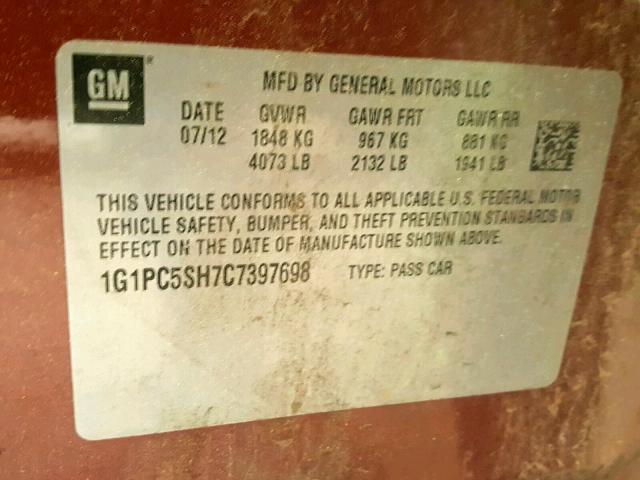 1G1PC5SH7C7397698 - 2012 CHEVROLET CRUZE LS MAROON photo 10