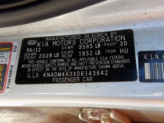 KNADM4A3XD6143642 - 2013 KIA RIO LX SILVER photo 10