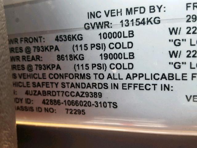 4UZABRDT7CCAZ9389 - 2012 FREIGHTLINER CHASSIS B2 黄色 照片 10